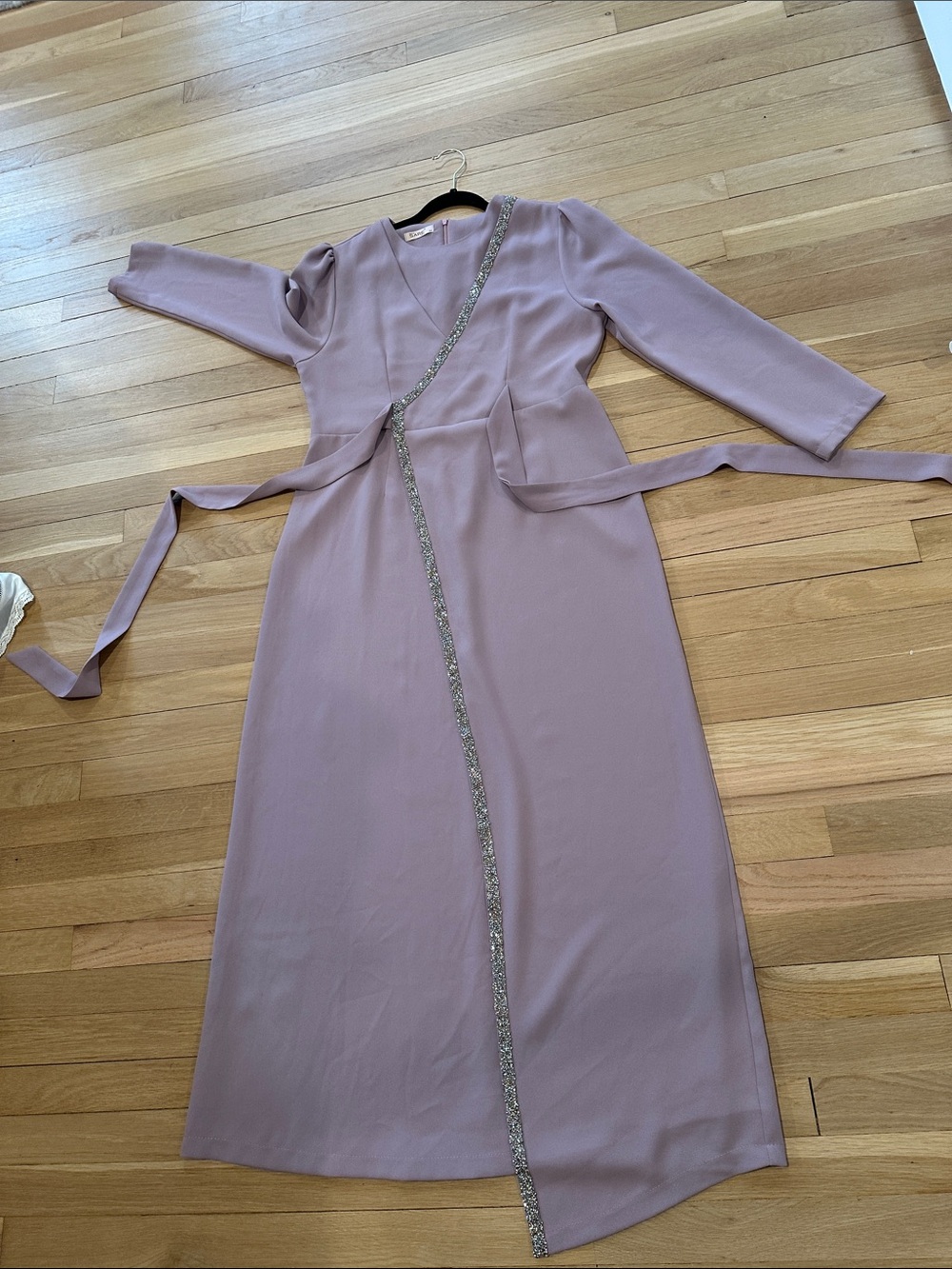 Elegant Long Sleeve Wrap Dress with Sparkle Trim